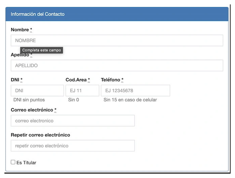 Paso 2 para sacar turno de la VTV en Saladillo: información del contacto